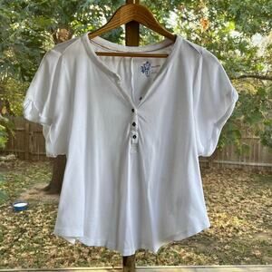 Anthropologie Pilcro White Henley Front Roll Sleeve Top Size 1X